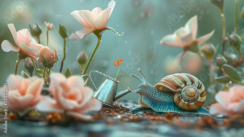 A tiny snail with a miniature watering can carefully nourishes a blooming flower water color photo
