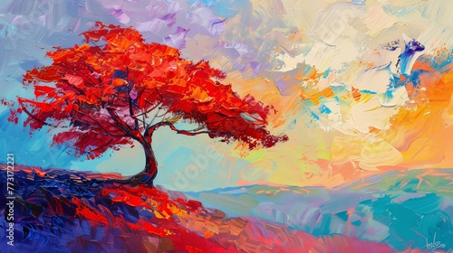 A vivid oil painting featuring a striking red acacia tree. Perfect as a banner with ample text copy space. Embrace the beauty of nature s vibrant hues