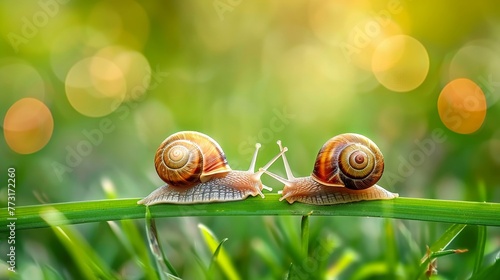 Two snails racing each other on a blade of grass cute