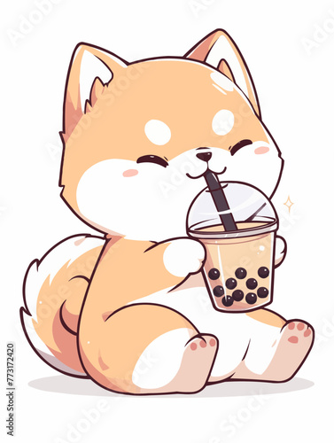 Kawaii illustrated Dog Shiba Inu Akita drinking Boba Tea Bubble Tea / Japanese Neko Anime Illustration of a cute Pet loving Boba Tea