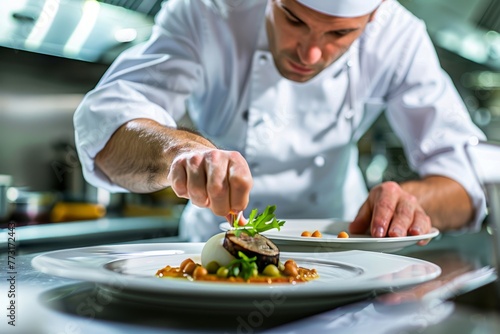 A chef is focused on preparing food on a plate from their perspective, showing attention to detail and precision in plating