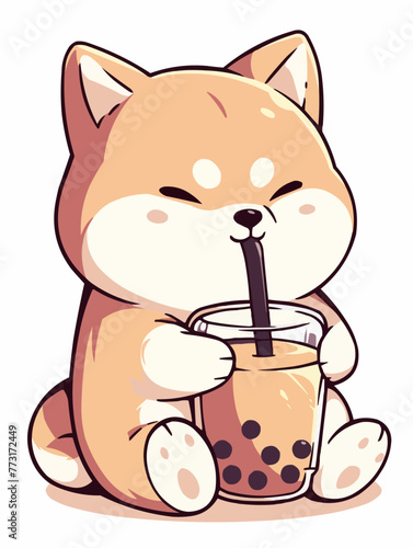 Kawaii illustrated Dog Shiba Inu Akita drinking Boba Tea Bubble Tea / Japanese Neko Anime Illustration of a cute Pet loving Boba Tea