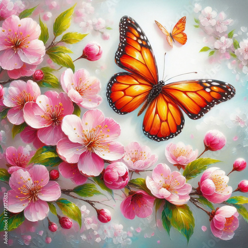 bright butterflies and peony flowers painted in watercolor