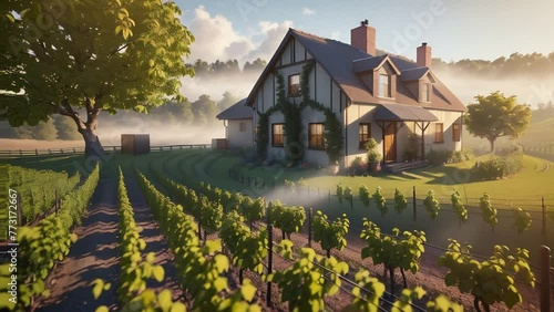 a charming countryside home surrounded by a vineyard at sunrise, with fog gently blanketing the landscape, making it suitable for real estate listings or travel promotions highlighting rural tourism. photo