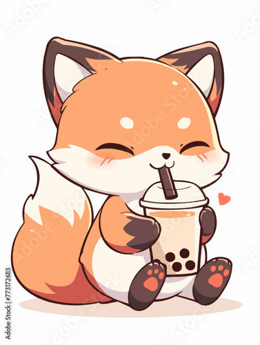 Kawaii illustrated Fox drinking Boba Tea Bubble Tea / Japanese Neko Anime Illustration of a cute Pet loving Boba Tea