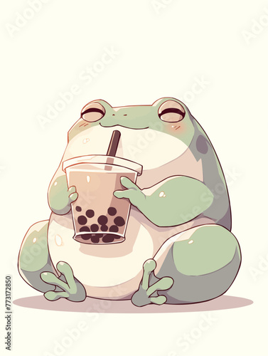 Kawaii illustrated Frog drinking Boba Tea Bubble Tea / Japanese Neko Anime Illustration of a cute Pet loving Boba Tea