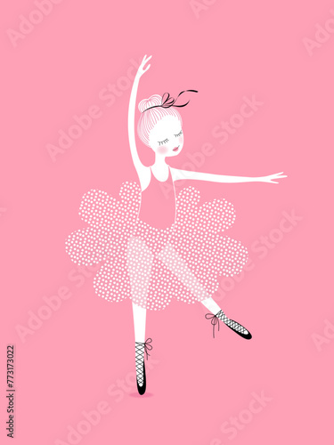 Little ballerina, an adorable young dancer in classical dance attire, wearing a pink ruffled skirt. Vector illustration. 