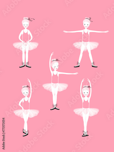 The five positions of the little ballerina, an adorable young dancer in classical dance attire, wearing a ruffled skirt. Vector illustration.