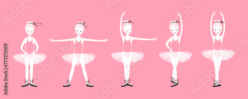 The five positions of the little ballerina, an adorable young dancer in classical dance attire, wearing a ruffled skirt. Vector illustration. Banner format. 