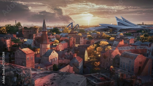 Un superbe rendu 3D d'une ville médiévale au coucher du soleil. Au loin, un paysage urbain futuriste émerge  photo