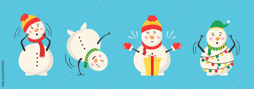 Snowman collection for Christmas and winter. Cheerful snowmen in different costumes. Set of characters cartoon in flat design. Vector illustration