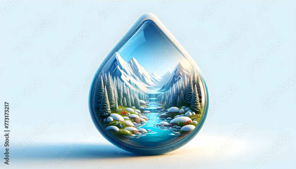 3d flat icon as Alpine Purity A pristine water drop reflecting the alpine environment purity theme. in close-up water drop theme with isolated white background ,Full depth of field, high quality ,inc 3d flat icon as Alpine Purity A pristine water drop reflecting the alpine environment purity theme. in close-up water drop theme with isolated white background ,Full depth of field, high quality ,inc