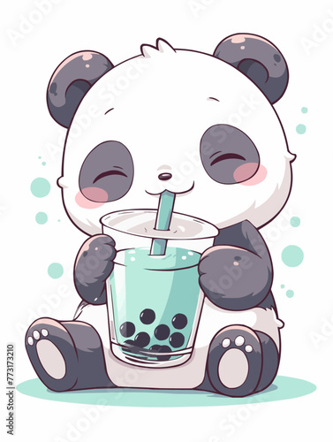 Kawaii illustrated Panda Bear drinking Boba Tea Bubble Tea / Japanese Neko Anime Illustration of a cute Pet loving Boba Tea