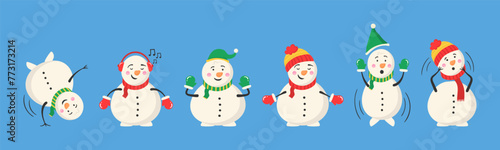 Snowman collection for Christmas and winter. Cheerful snowmen in different costumes. Set of characters cartoon in flat design. Vector illustration