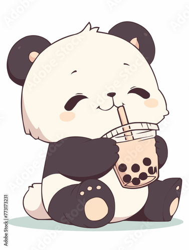Kawaii illustrated Panda Bear drinking Boba Tea Bubble Tea / Japanese Neko Anime Illustration of a cute Pet loving Boba Tea