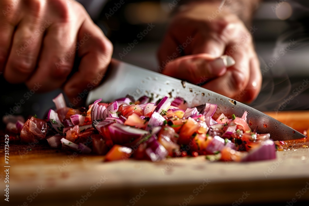 Closeup of hands and knife as person precisely chops onions on cutting board
