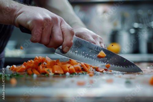 A closeup of a persons hands chopping carrots with a chefs knife on a wooden cutting board photo