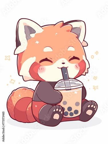 Kawaii illustrated Red Panda Bear drinking Boba Tea Bubble Tea / Japanese Neko Anime Illustration of a cute Pet loving Boba Tea