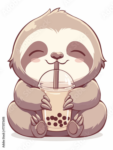 Kawaii illustrated Sloth drinking Boba Tea Bubble Tea / Japanese Neko Anime Illustration of a cute Pet loving Boba Tea