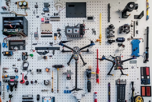 A white pegboard holding various tools used for assembling a drone in a commercial photography setting