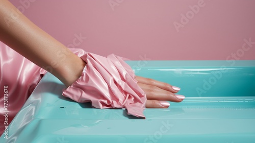 a hand with pink gloves on it