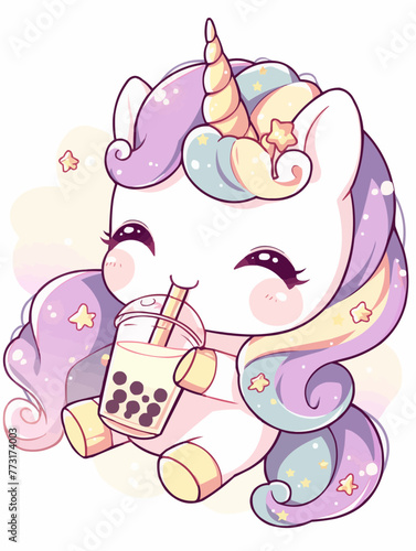 Kawaii illustrated Unicorn drinking Boba Tea Bubble Tea / Japanese Neko Anime Illustration of a cute Pet loving Boba Tea
