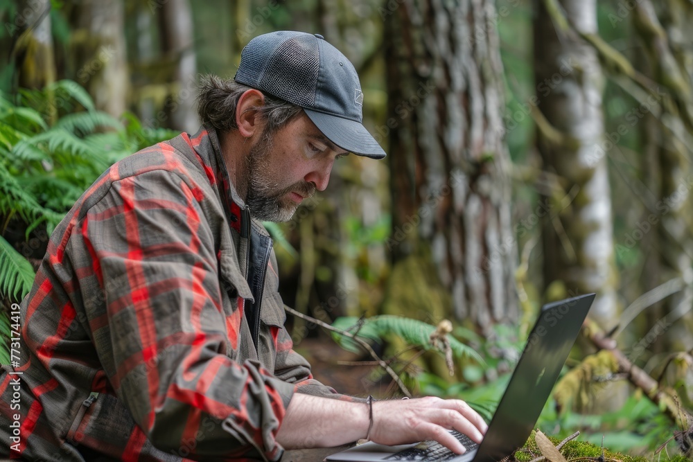 A man sitting in the woods, using a laptop computer to develop plans for forest restoration and rehabilitation