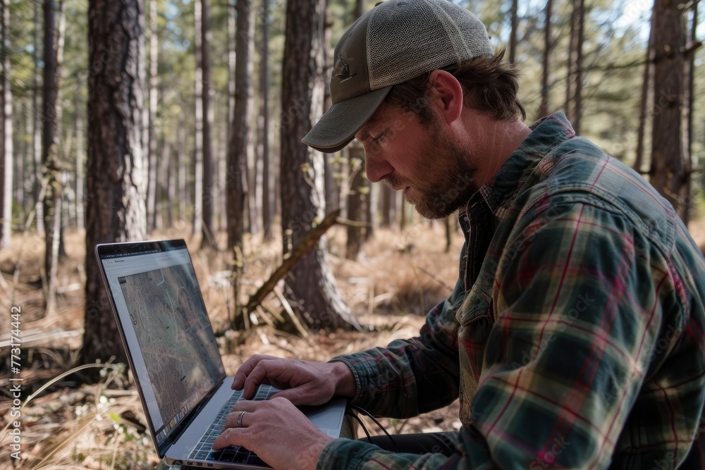 A man sitting in the woods, working on a laptop computer to develop plans for forest restoration and rehabilitation