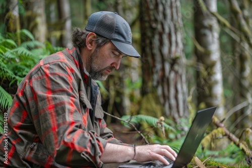 A man sitting in the woods, using a laptop computer to develop plans for forest restoration and rehabilitation