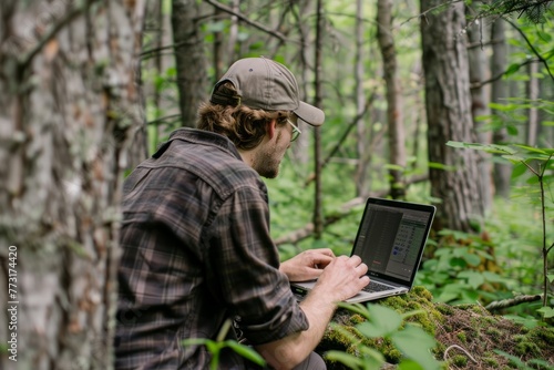 A man sitting in the woods using a laptop computer to conduct a forest inventory analysis