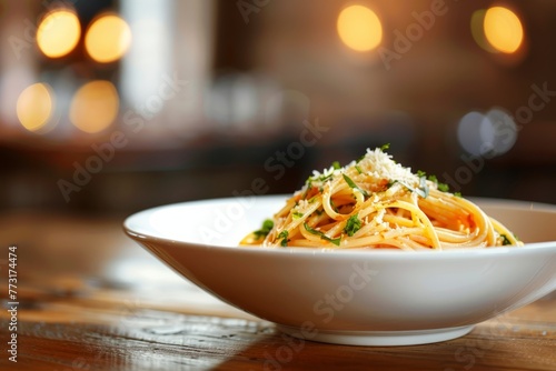 A high-angle view of a white bowl filled with spaghetti on a wooden table