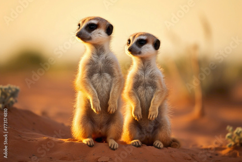 A pair of curious meerkat pups standing upright, their attentive gazes surveying the surrounding desert landscape with a mix of curiosity and caution. © ASMAT