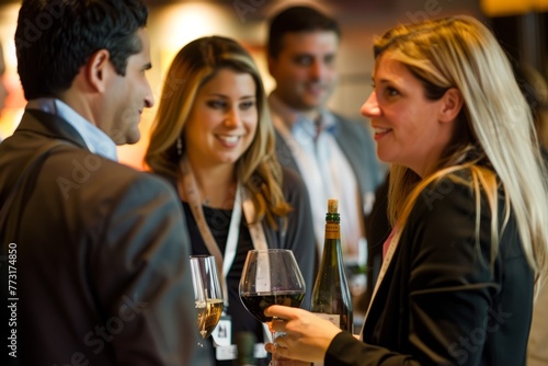 A group of individuals standing together, each holding a wine glass in hand at a networking event