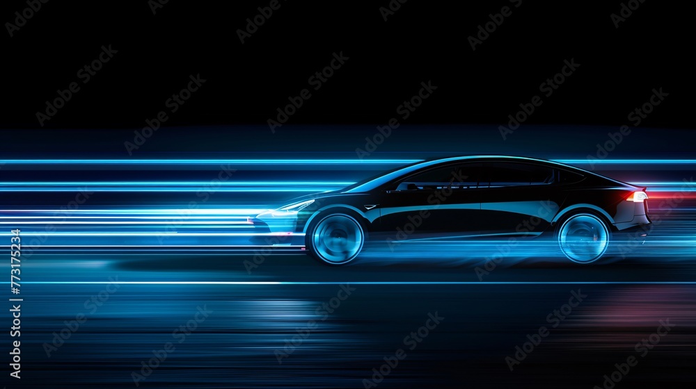 a car driving on a road with blue streaks