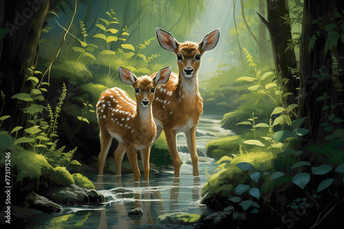 A pair of curious deer fawns, their large eyes reflecting innocence, cautiously approaching a babbling brook surrounded by ferns. The scene captures the serenity of a peaceful forest day.