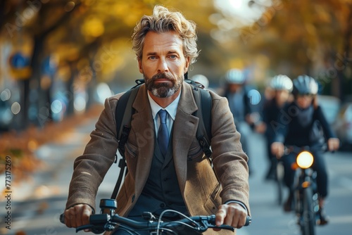 A group of office workers in suits ride bicycles together on dedicated bike lanes, enjoying a healthy and eco-friendly commute to work while still maintaining a professional appearance