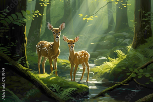 A pair of curious deer fawns  their large eyes reflecting innocence  cautiously approaching a babbling brook surrounded by ferns. The scene captures the serenity of a peaceful forest day.