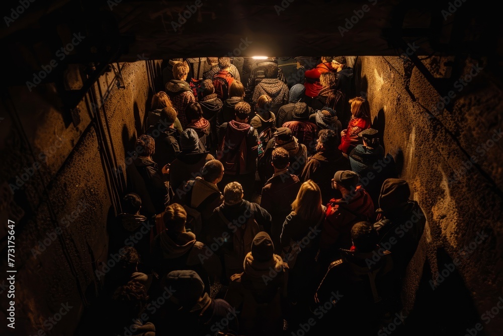 A group of individuals stand in a dimly lit tunnel, engaged in urban exploration
