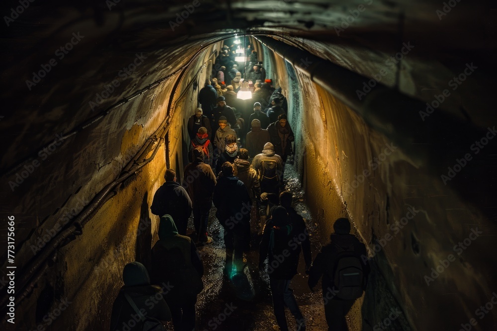 Crowd of individuals walking in a tunnel with dim lighting, exploring their surroundings