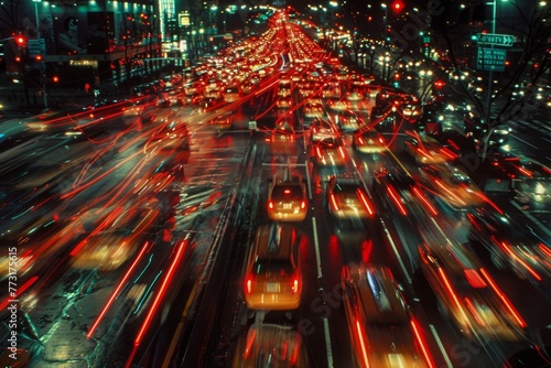A city street teeming with vehicles in a traffic jam at night, capturing the blur of movement and congestion