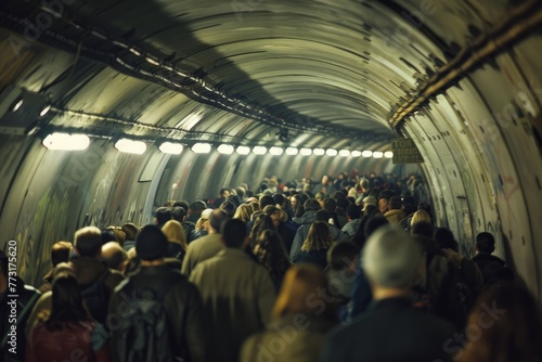 A crowd of people moving through a tunnel, illuminated by dim lighting, in a wide-angle shot