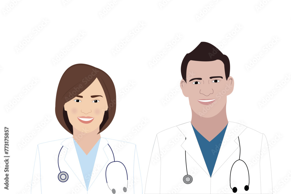 Young female and male doctors with stethoscope and apron vector illustration. A young man and woman doctors in a medical gown. Young female and male doctors with stethoscope and apron vector illustration. A young man and woman doctors in a medical gown.