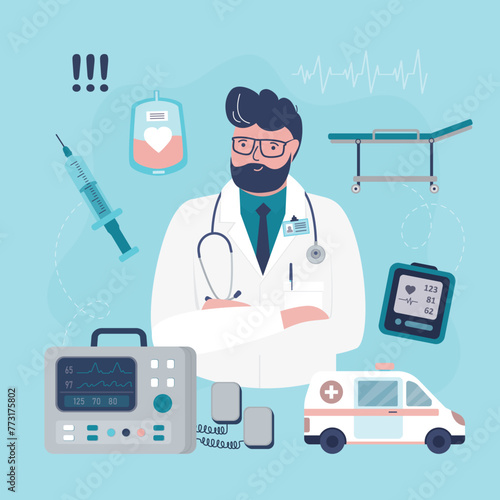 Resuscitation doctor with medical tools. Worker reanimation hospital.  Paramedic giving first aid with defibrillator. Emergency doctor. Reanimation,