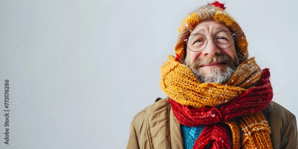 Cheerful Senior Man Proudly Displaying His Handknitted Scarf in a Warm and Cozy Studio Setting
