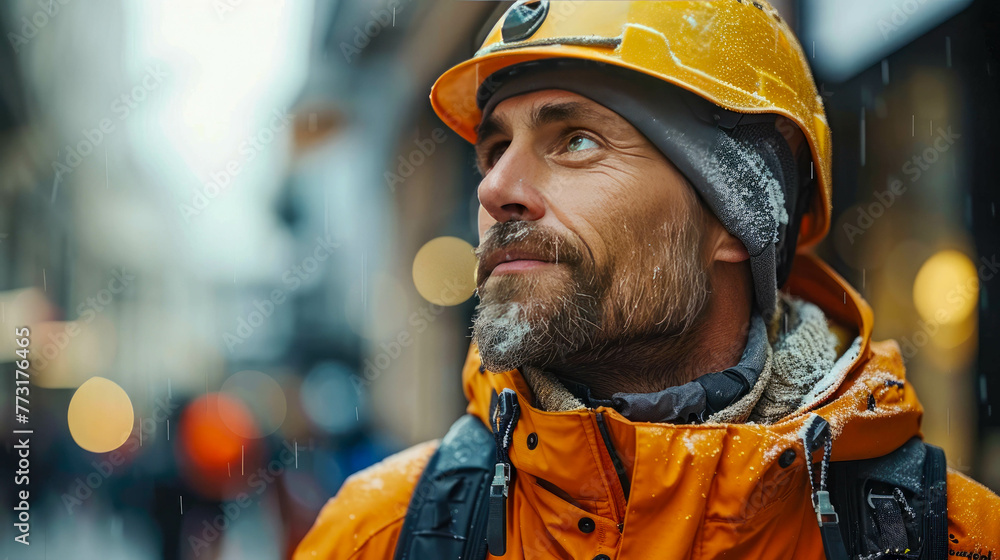 Portrait of a male worker in a hard hat on a construction site Portrait of a male worker in a hard hat on a construction site