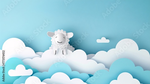 A minimalist cloud paper art illustration featuring a cute sheep  with space for text. Delightful and simple