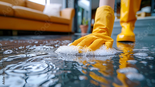 Close up of woman cleaning floor with microfiber cloth in kitchen