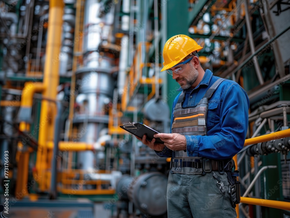 A worker in a hard hat and safety gear stands confidently beside an oil derrick, conducting a thorough safety inspection of the equipment with a clipboard in hand A worker in a hard hat and safety gear stands confidently beside an oil derrick, conducting a thorough safety inspection of the equipment with a clipboard in hand