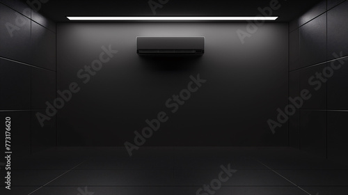 black air conditioner in a black room with dim lighting