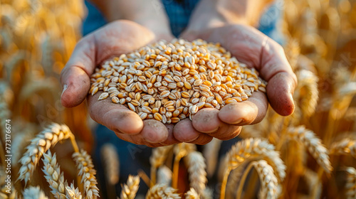 Farmer holding handful of wheat grains in hand, closeup view © Aliaksandra